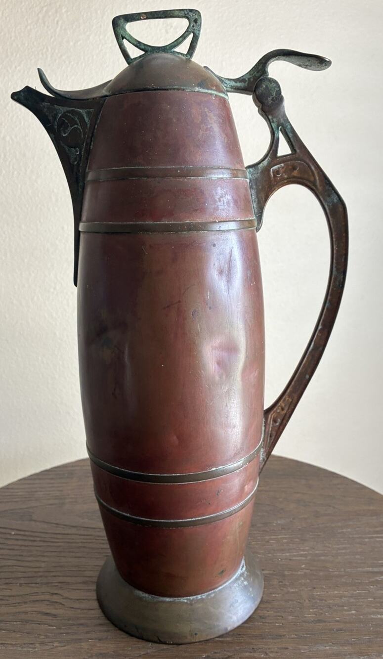 VTG Jugendstil Lidded Copper Wine Picture With Brass Trim, Stamped M ￼